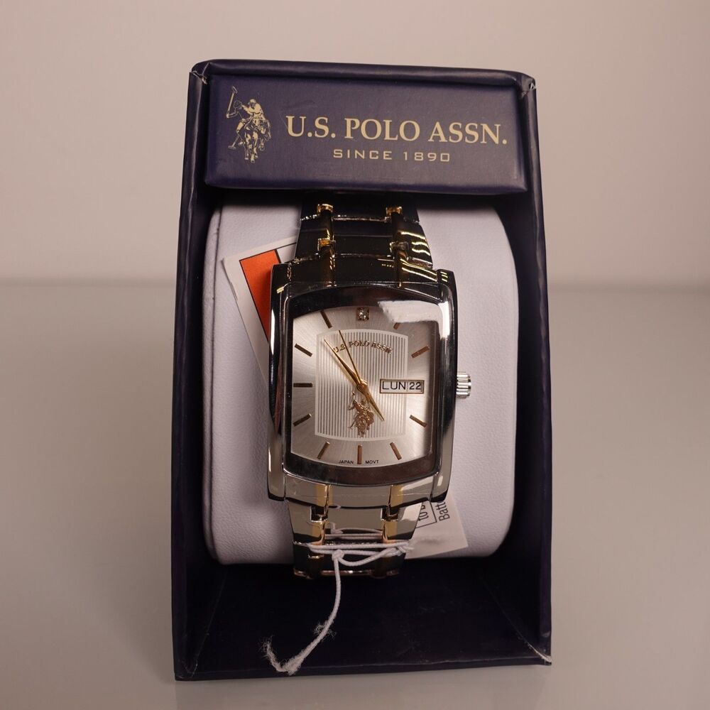 US Polo Assn Mens Tank Watch Wristwatch 32mm Silver Gold Two Tone Day Date - New